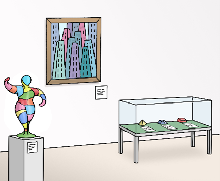 Auf dem Bild ist eine Statue, ein Wandbild und ein Glaskasten mit drei Edelsteinen zu sehen. Zusammen ergeben die Elemente eine Ausstellung.